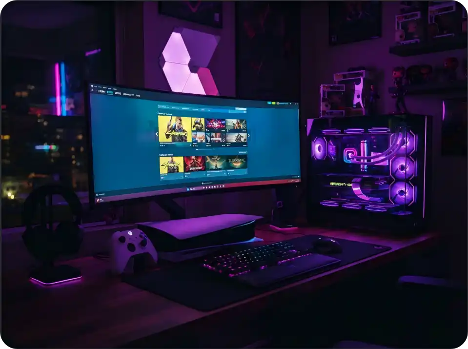 Modern gaming setup with console, controller, PC, and digital game store screen