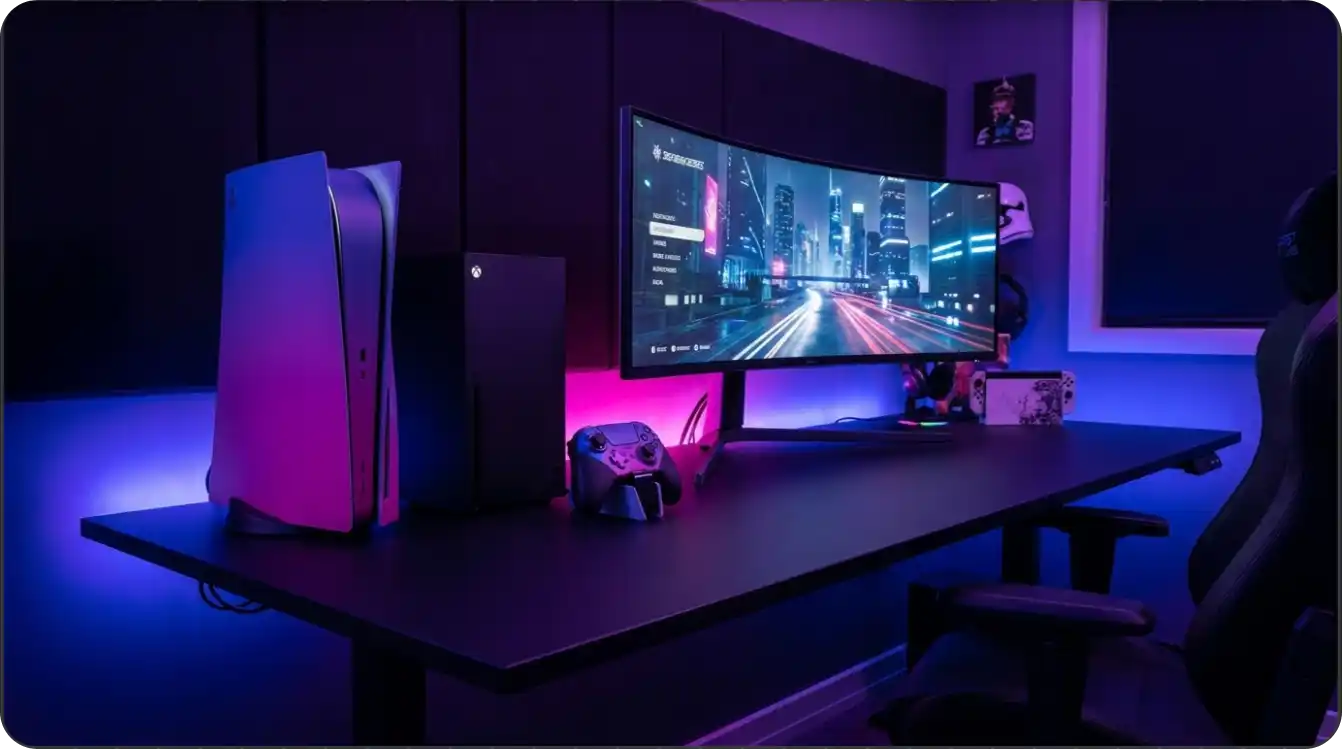 Gaming setup with modern console, controller, and monitor