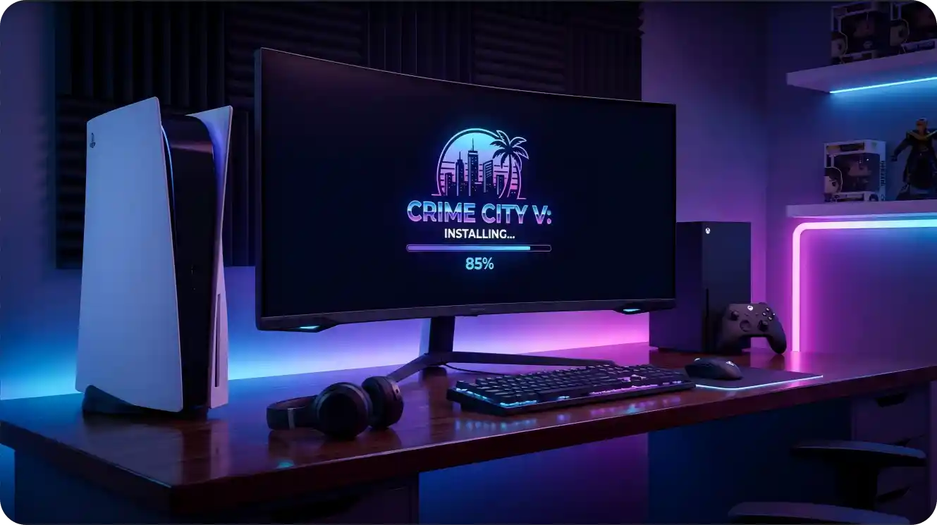 Gaming monitor displaying a fictional game installation screen