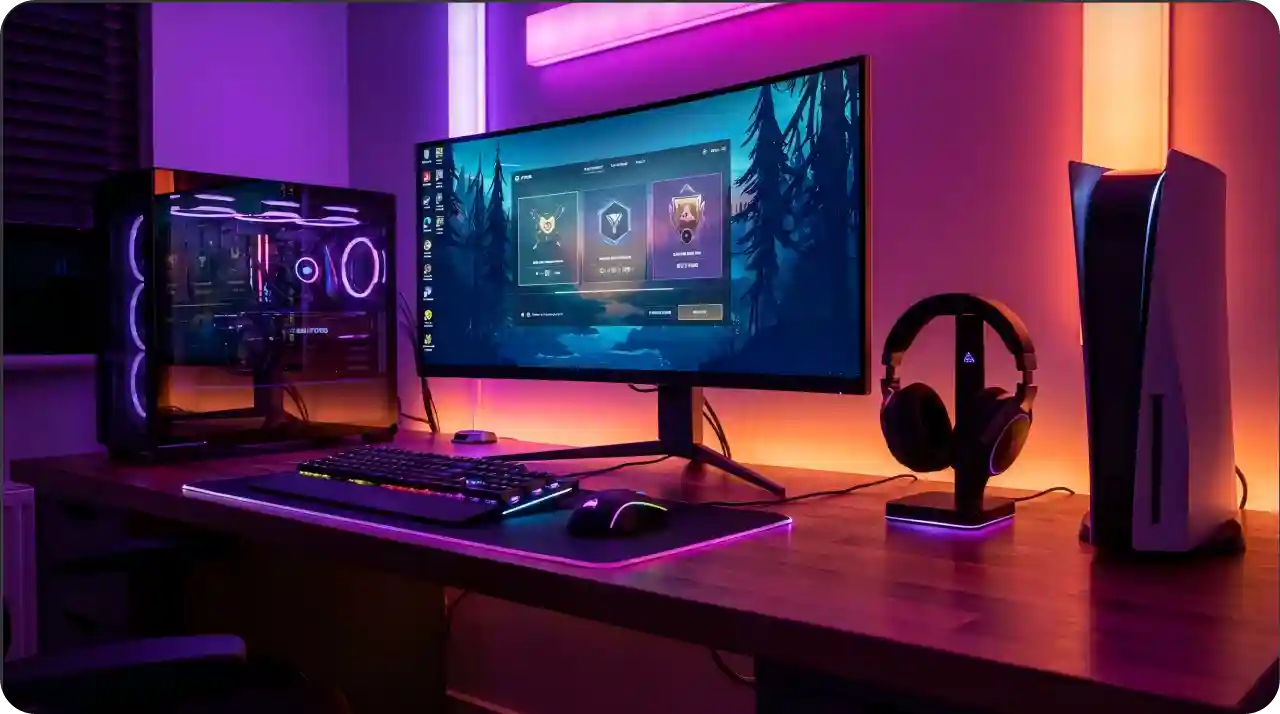 Clean gaming desk with RGB keyboard, controller, monitor, and console