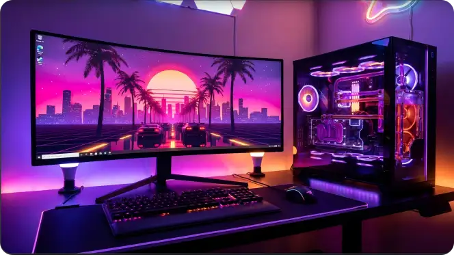 Modern gaming PC setup with RGB lighting and high-end graphics card