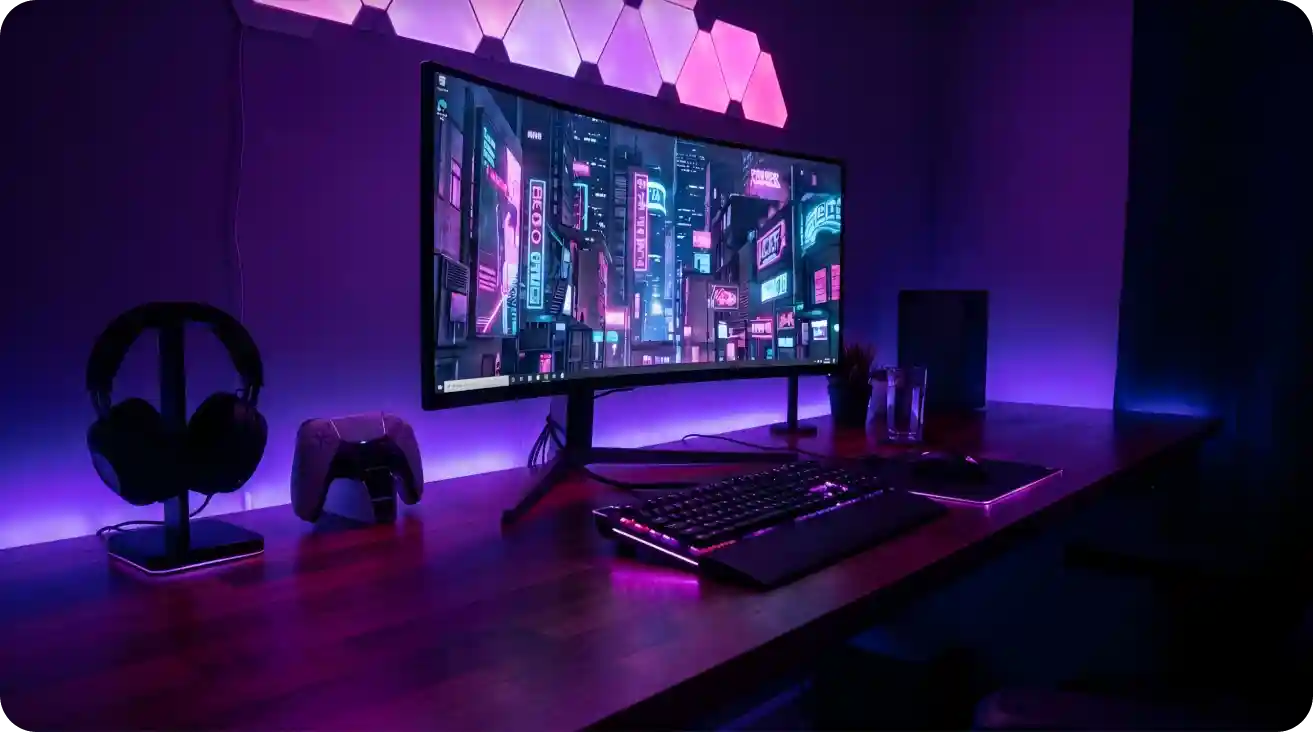 Modern gaming desk with RGB keyboard, gaming mouse, headset, controller, and monitor