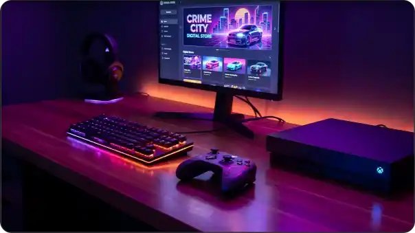 GTA 6 Gaming desk with console controller RGB lighting and digital game store screen