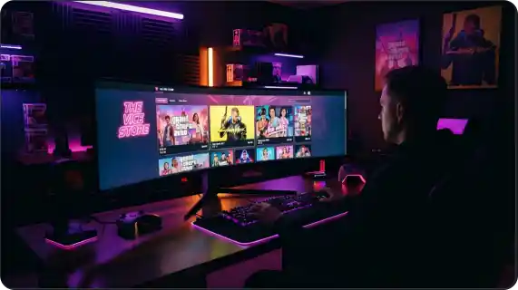 GTA 6Gamer browsing a digital game marketplace on a large monitor