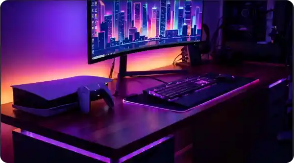 Modern gaming setup with consoles controller RGB lighting and monitor