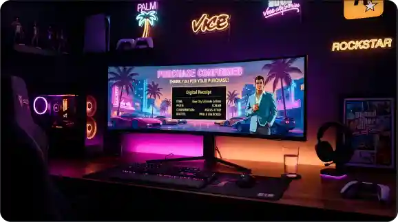 Gaming monitor showing a fictional game purchase confirmation screen