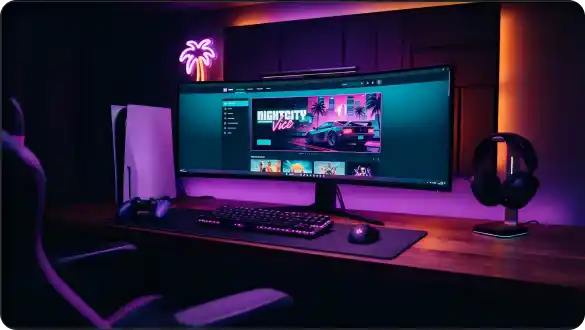 Gaming desk with console controller headset and digital store interface