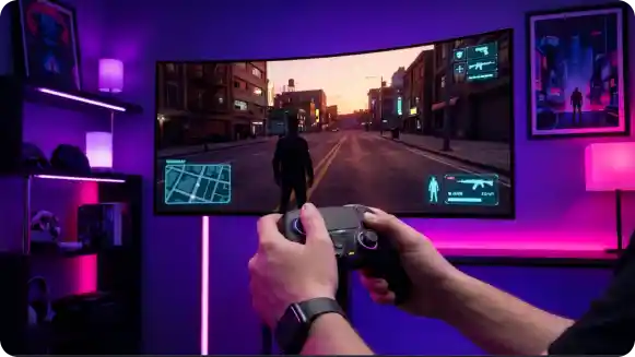 Player using a controller with gameplay HUD controls in an open-world city