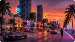 GTA-inspired city with mission markers streets vehicles and open-world locations