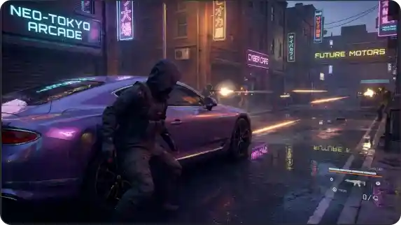 Player taking cover behind a vehicle during GTA-inspired city combat