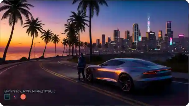 GTA-style sports car in a modern city with a player nearby at sunset