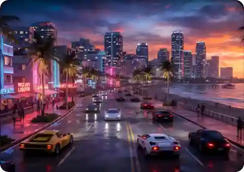 Beginner player exploring a colorful GTA-inspired open-world city with a sports car nearby