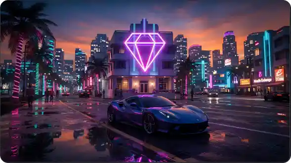GTA 6 mission marker beside a sports car in an open-world city