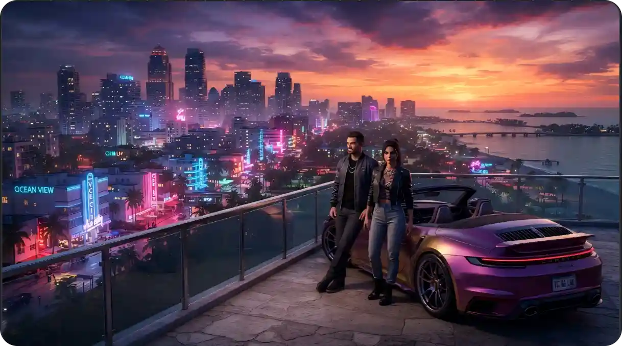GTA 6 story guide cinematic city skyline with two original protagonists beside a sports car