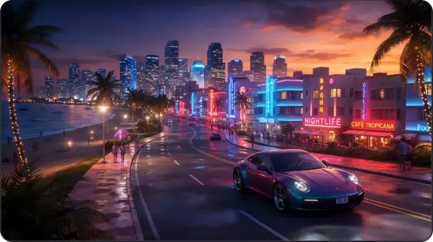 GTA 6 story overview with a cinematic tropical city coastline