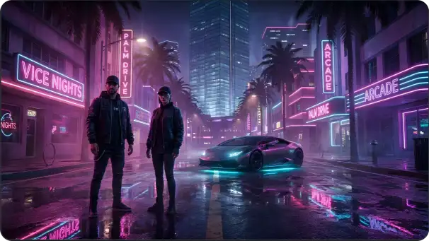 Two fictional GTA 6 inspired protagonists standing in a neon city scene