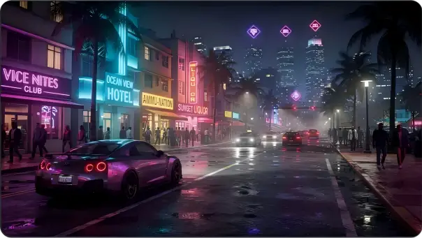 GTA 6 story chapters shown through a neon city street at night