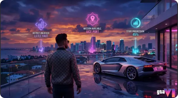 GTA 6 story progression with open-world district unlocks