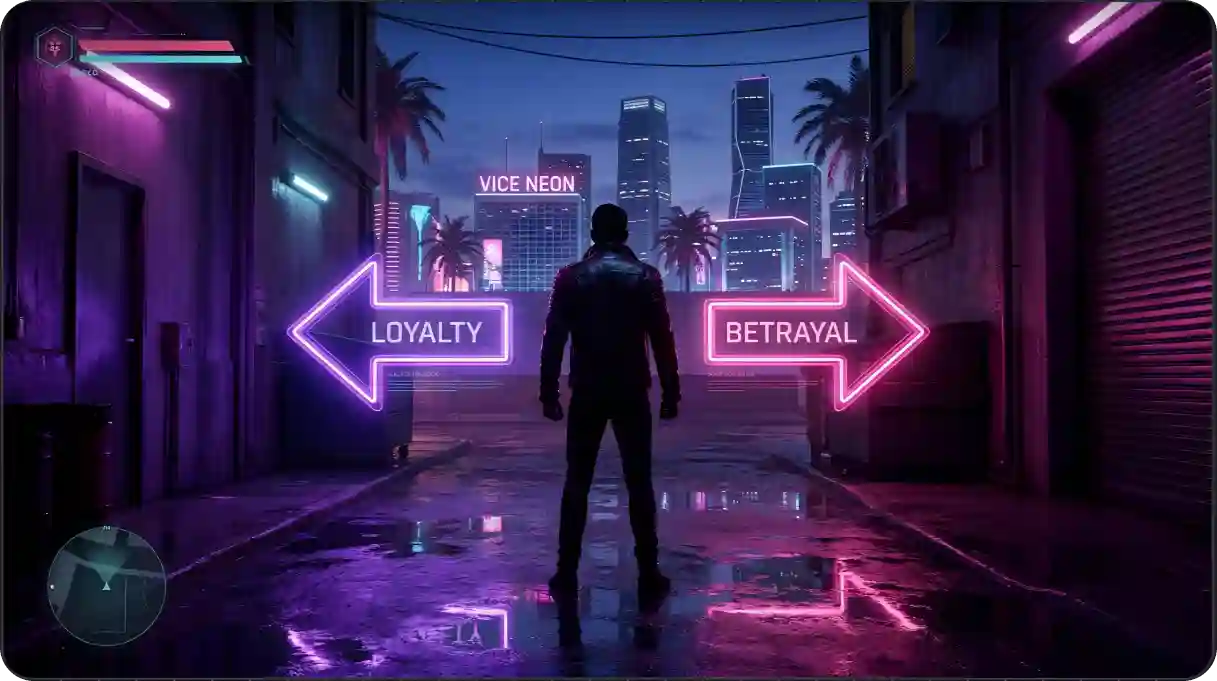 GTA 6 player choices in a neon city story scene