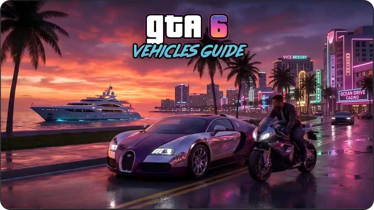GTA 6 vehicles guide hero image showing sports cars, motorcycles, boats, and luxury vehicles