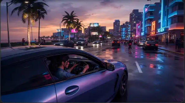 GTA 6 driving basics with a sports car on a modern city street