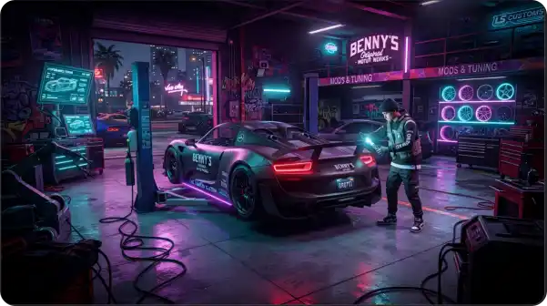 GTA 6 vehicle customization garage with a sports car being upgraded