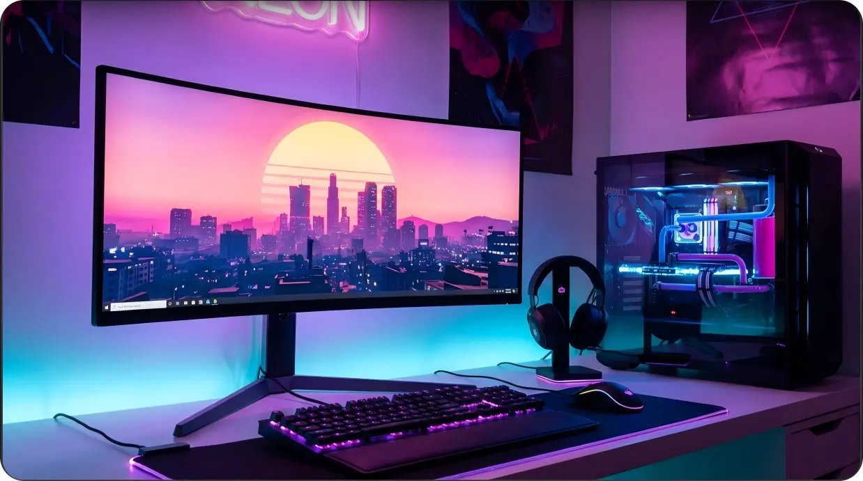 A cinematic, high-end PC gaming setup in a neon-drenched room inspired by the vibrant nightlife of Miami.