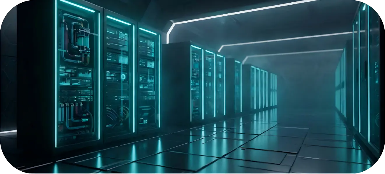 A futuristic data center or server room with rows of high-performance rigs glowing in neon cyan and teal.