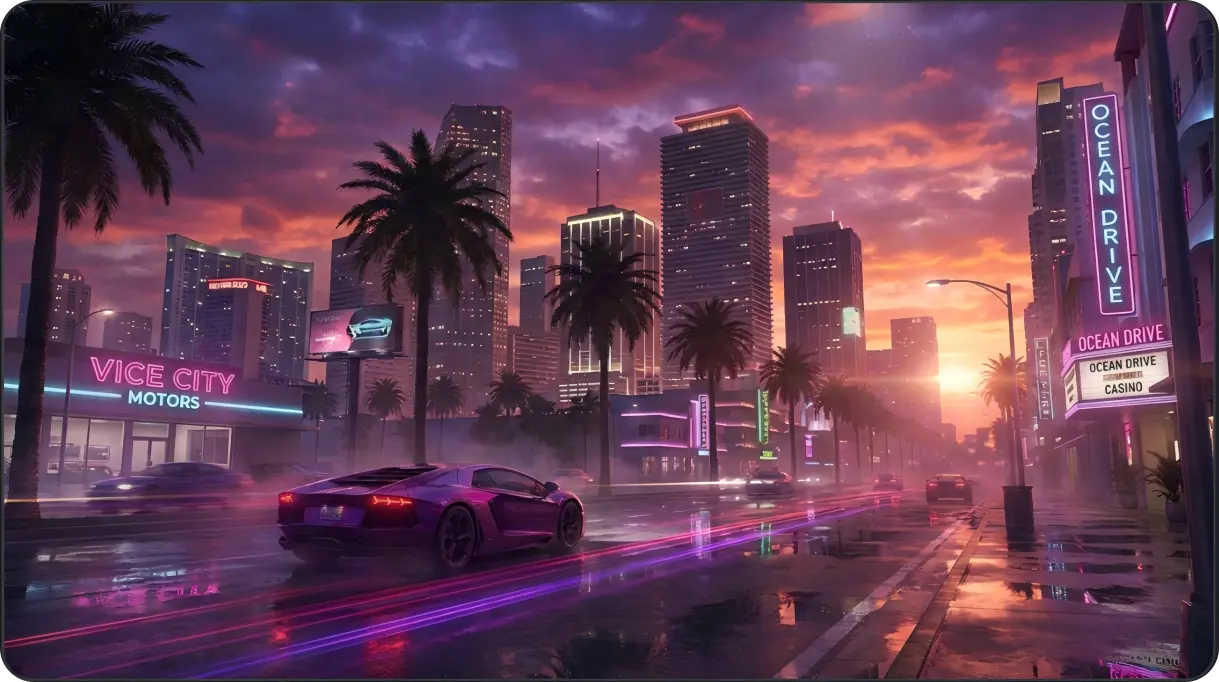GTA-inspired open-world city with sports cars, palm trees, and cinematic sunset