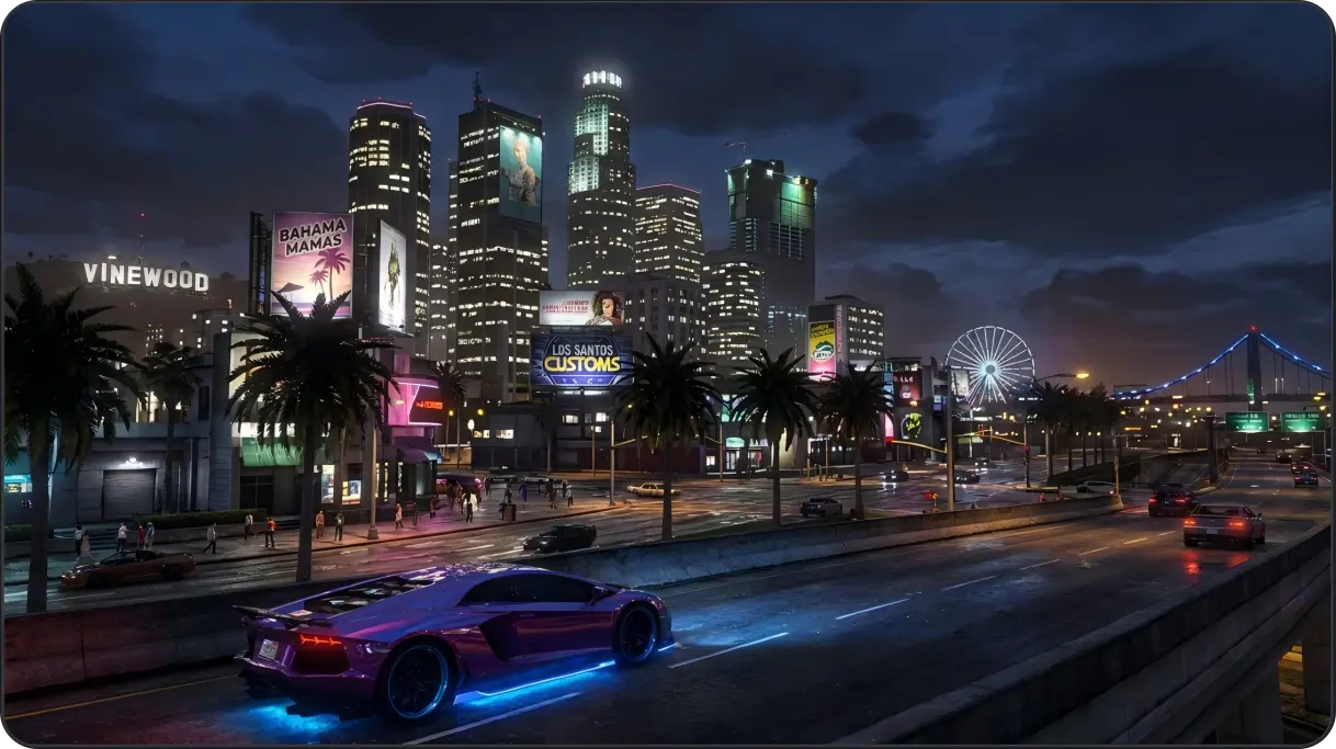 GTA-inspired city skyline at night with neon lights, palm trees, and sports cars