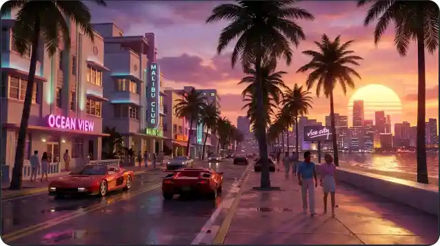 GTA-inspired city at sunset with sports cars and palm trees