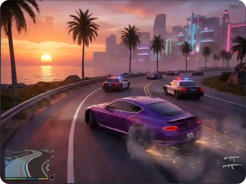 GTA-inspired player driving a sports car through an open-world city