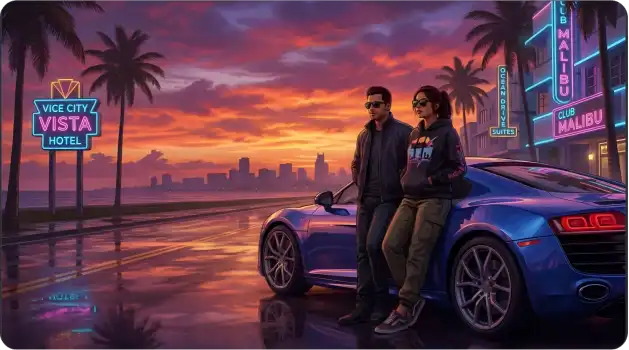 GTA-inspired fictional protagonists beside a luxury sports car in a city at sunset