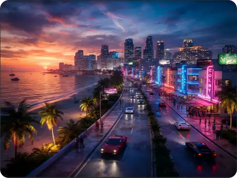 GTA-inspired coastal city with beaches, highways, palm trees, and skyscrapers