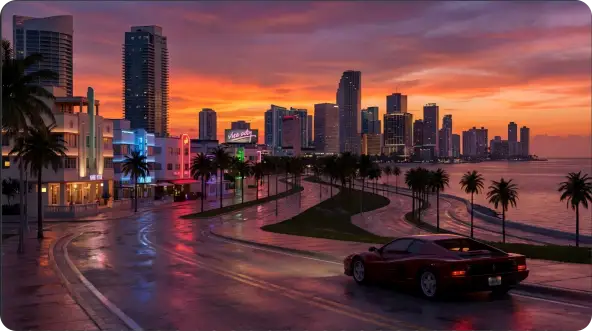 GTA-inspired city with realistic lighting and reflections