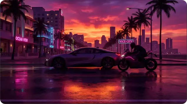 GTA-inspired sports cars and motorcycles in a city