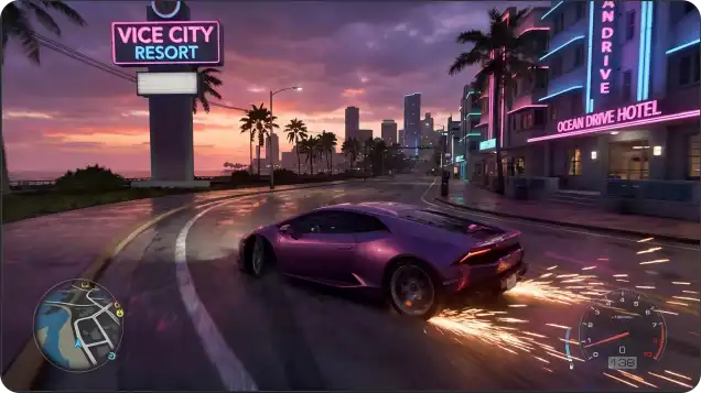 GTA-inspired urban action scene with cinematic lighting